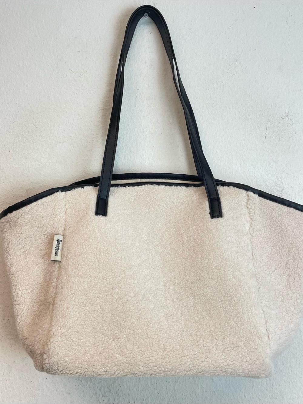Neiman Marcus Cozy Cream Sherpa Tote with Black Trim Straps